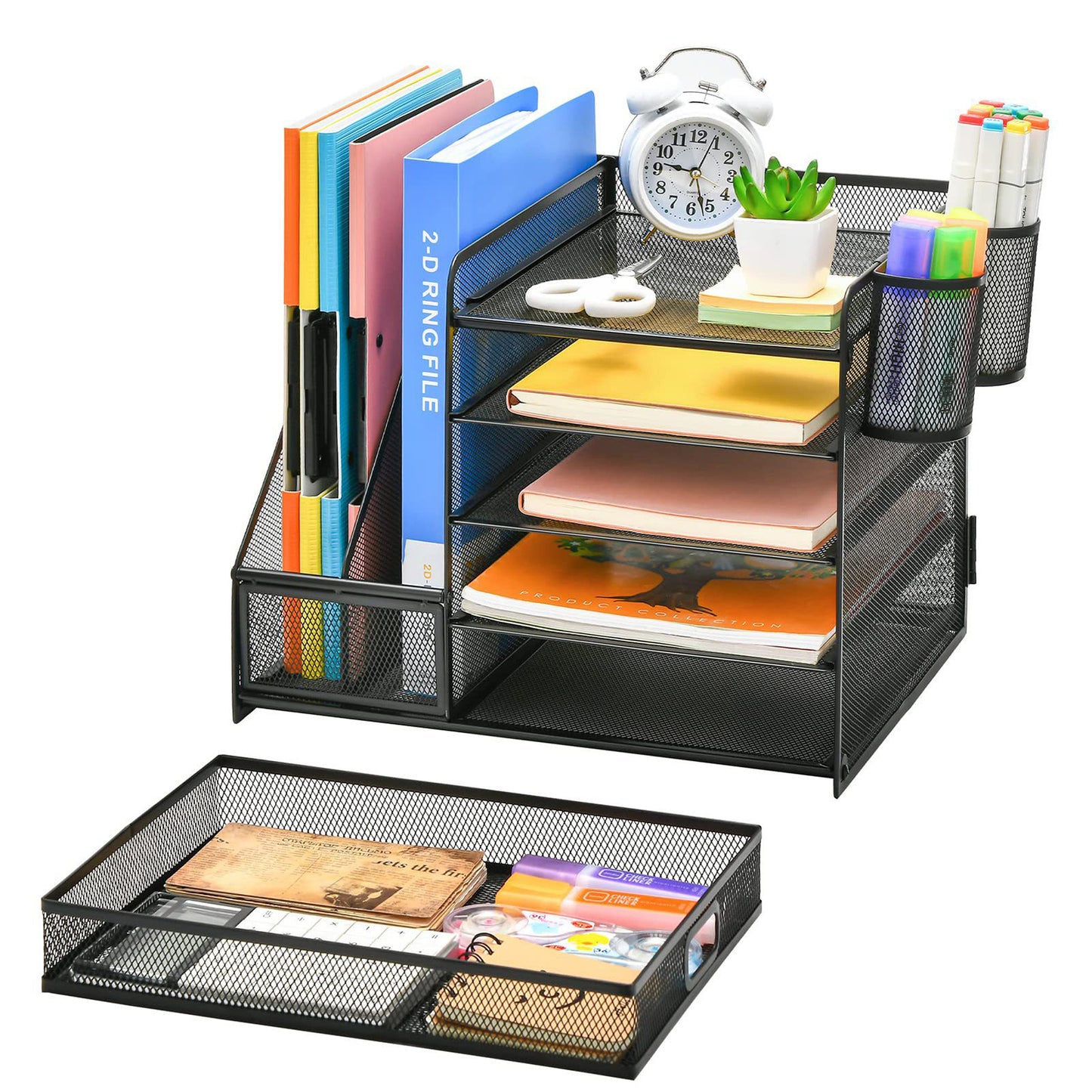 5-Tier Desk Organizer with Drawer & Pen Holders – Metal Mesh File Holder, Paper Letter Tray & Magazine Rack for Office Supplies