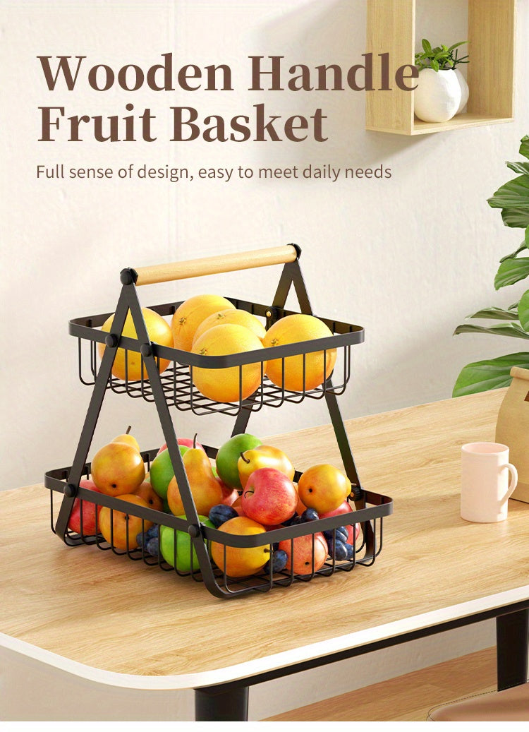 2/3 Tier Metal Wire Storage Basket – Countertop Organizer with Wooden Handle for Bathroom & Home
