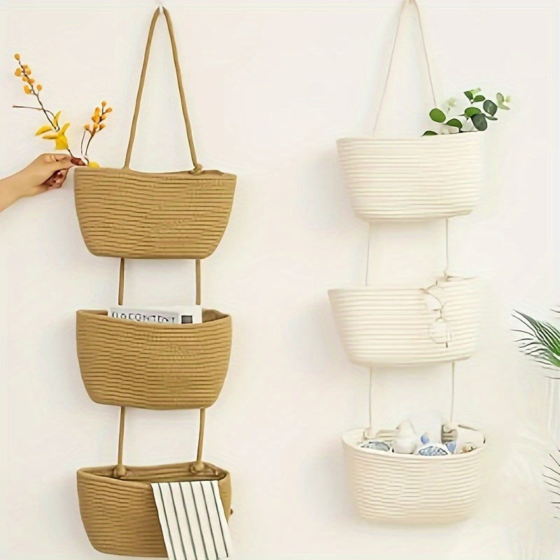1pc 2/3-Tier Rope Woven Hanging Basket – Detachable Decorative Organizer for Living Room, Bathroom & Bedroom