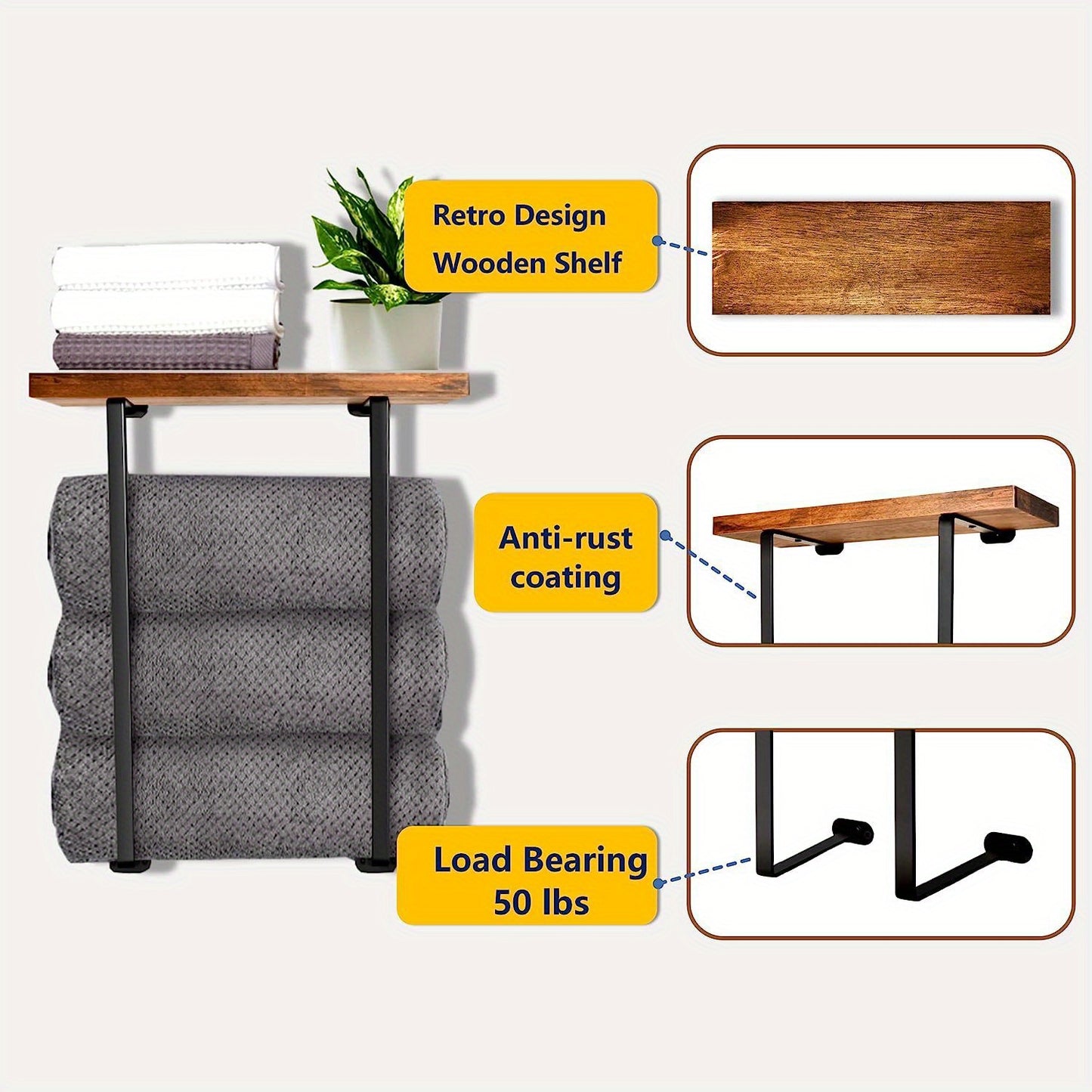 Wall-Mounted Wooden Bathroom Storage Rack with Double Rods – Space-Saving Towel Holder for Small Bathrooms