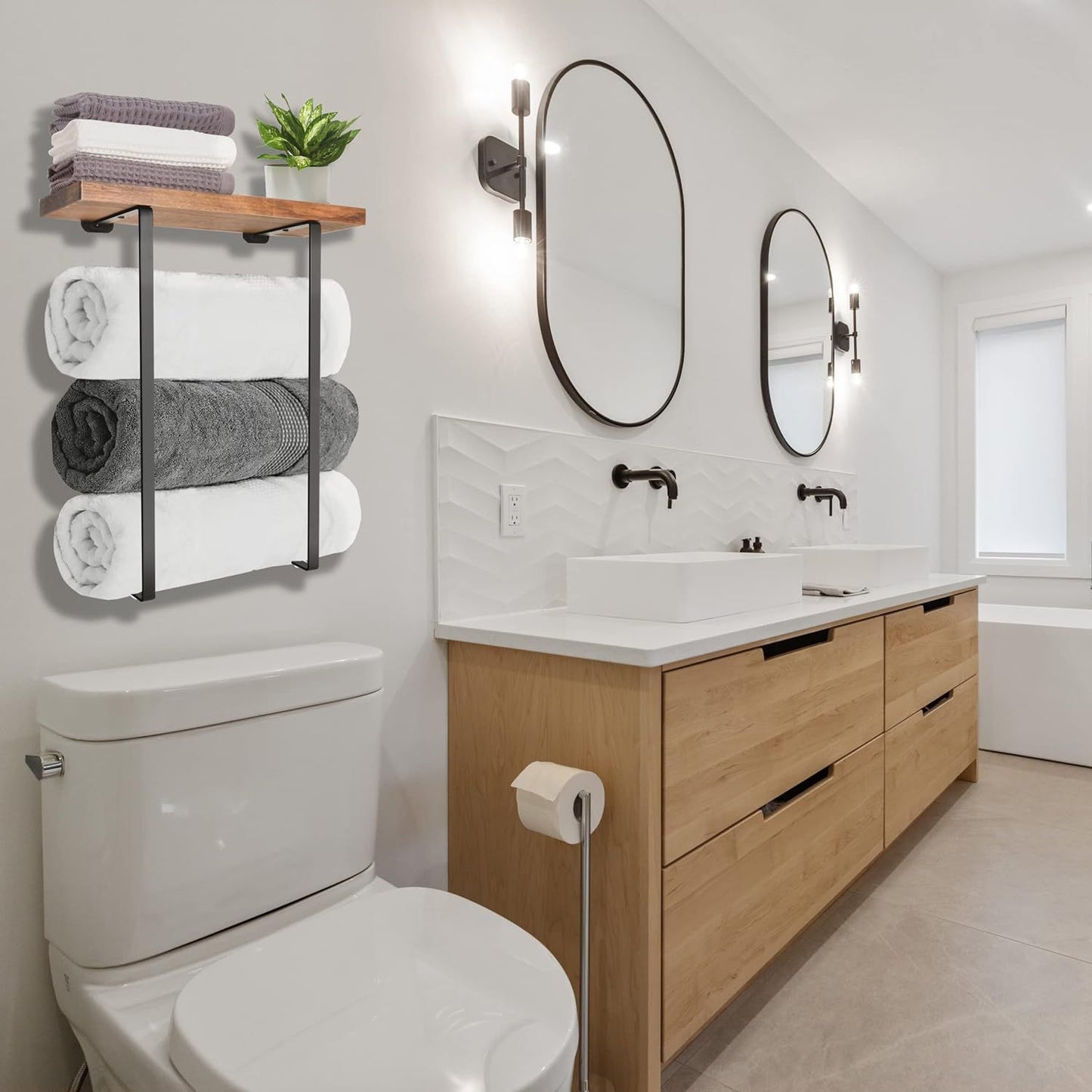 Wall-Mounted Wooden Bathroom Storage Rack with Double Rods – Space-Saving Towel Holder for Small Bathrooms