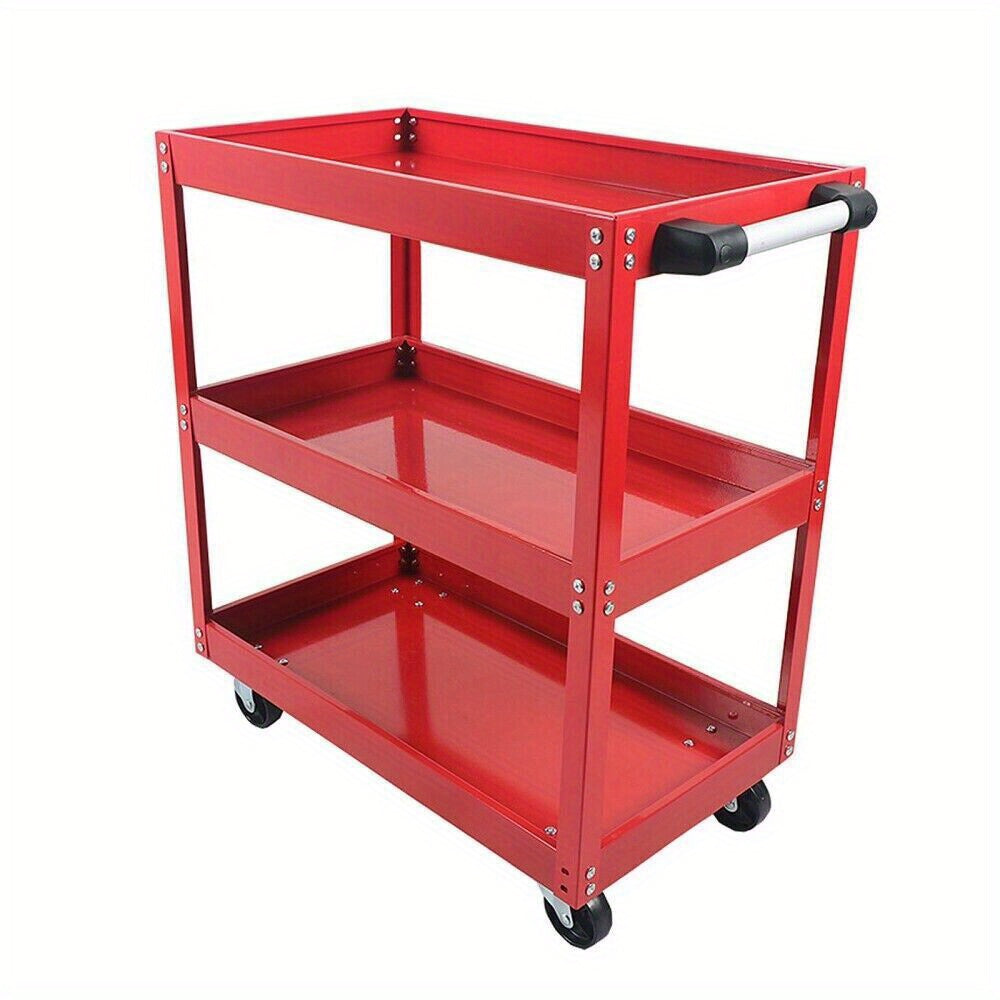 Red Steel Tool Trolley Cart with 3 Levels, Sliding Drawer & Wheeled Storage – Workshop, Garage & Home Organizer