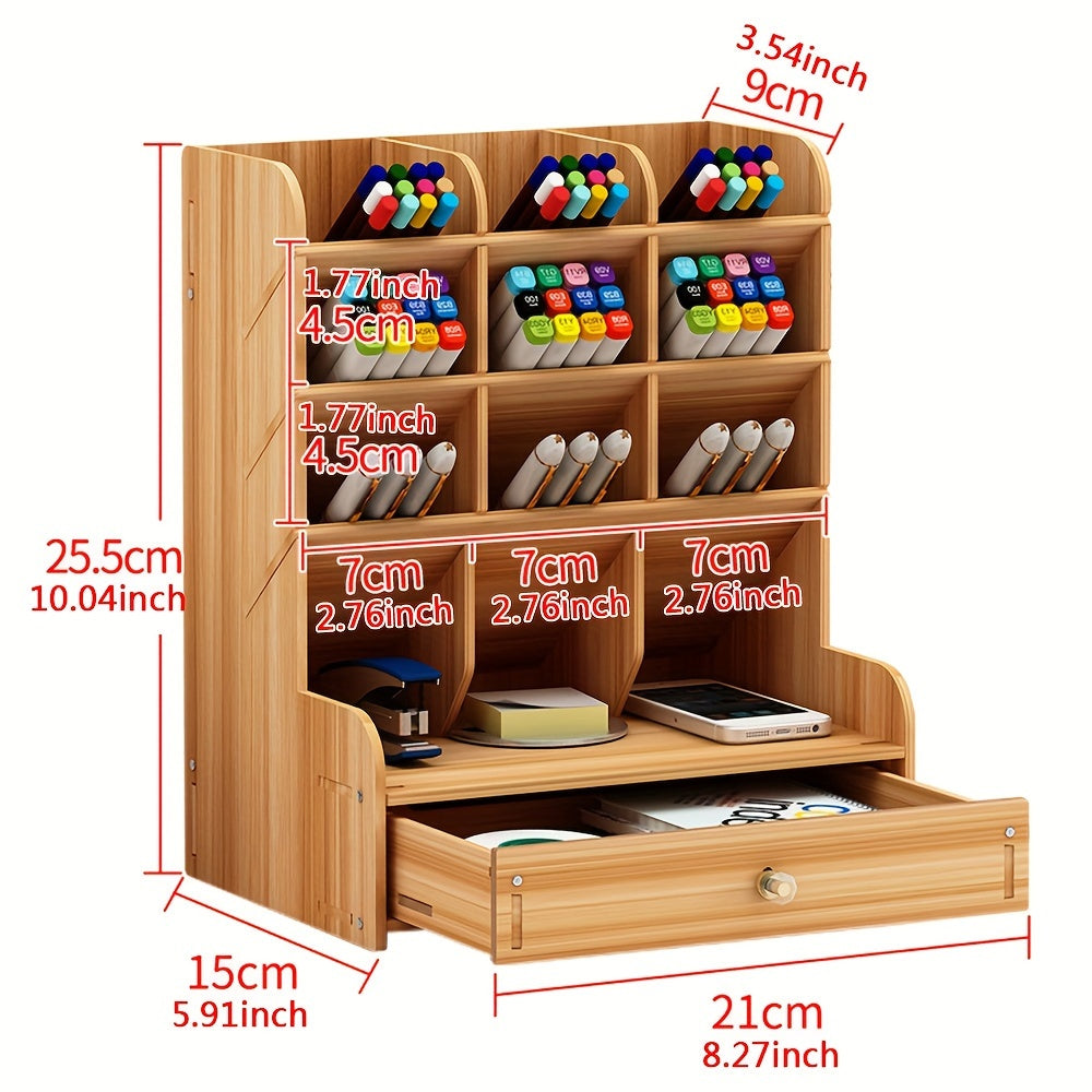 Wooden Pen and Pencil Holder – Office Desk Organizer with Drawer