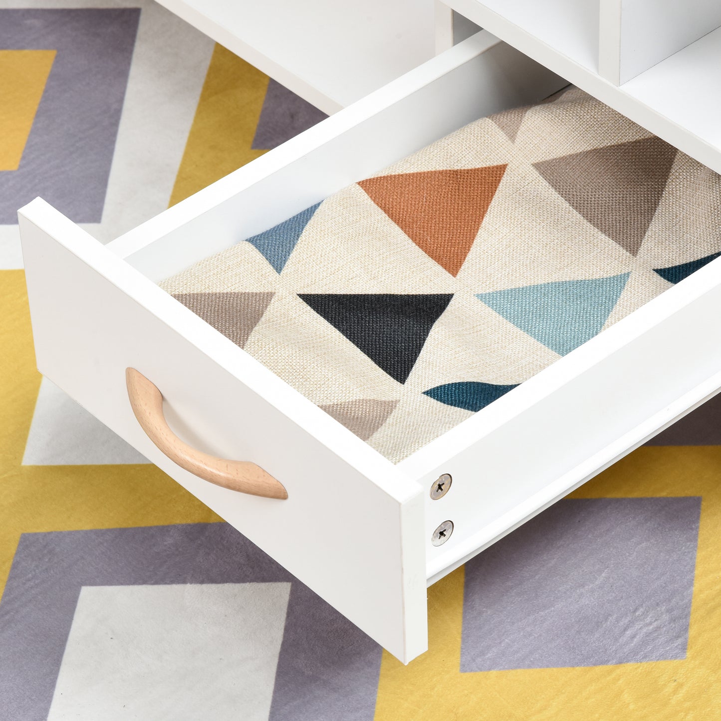 Modern White Cocktail Coffee Table with Storage – 2-Tier Living Room Table with Drawer, Cabinet & Shelf