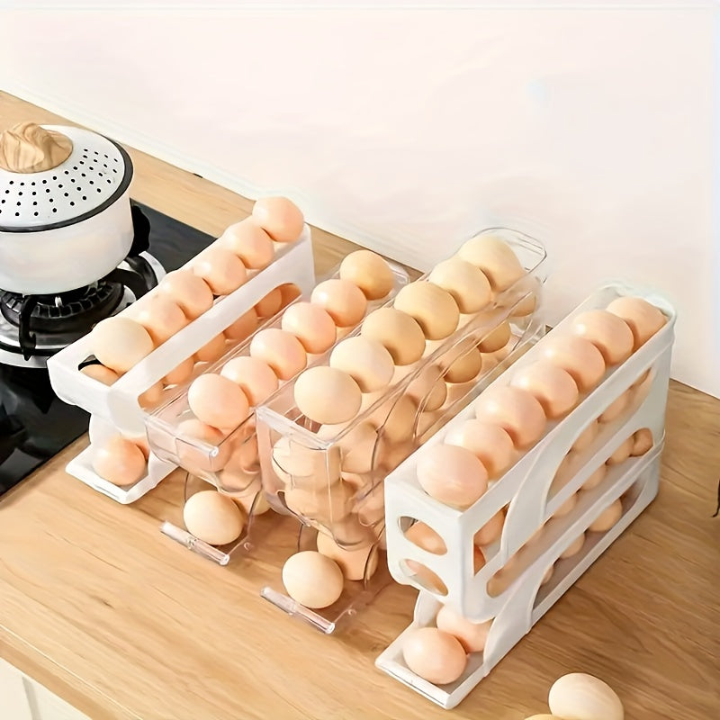 3-Tier Sliding Egg Holder – Clear Plastic, Space-Saving Refrigerator Storage Rack with Automatic Rolling Feature