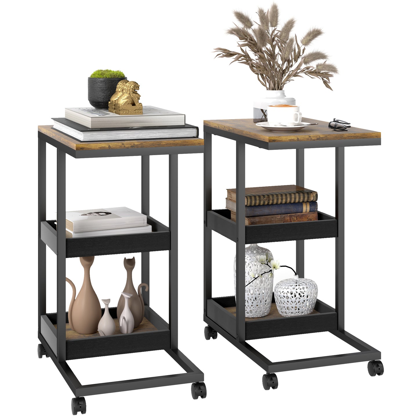 Mobile Sofa Side Table Set of 2,  3-Tier Storage Shelving Four Lockable Wheels Steel Frame, Dark Brown