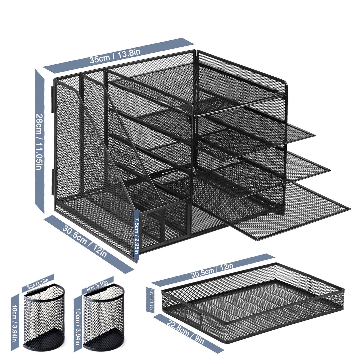 5-Tier Desk Organizer with Drawer & Pen Holders – Metal Mesh File Holder, Paper Letter Tray & Magazine Rack for Office Supplies
