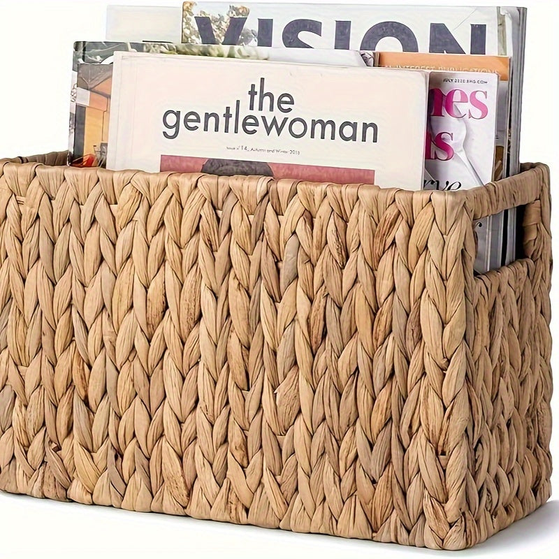 Hand-Woven Rattan Magazine Holder – Natural Water Hyacinth Wicker Basket for Magazines, Books, Mail, and Home Storage
