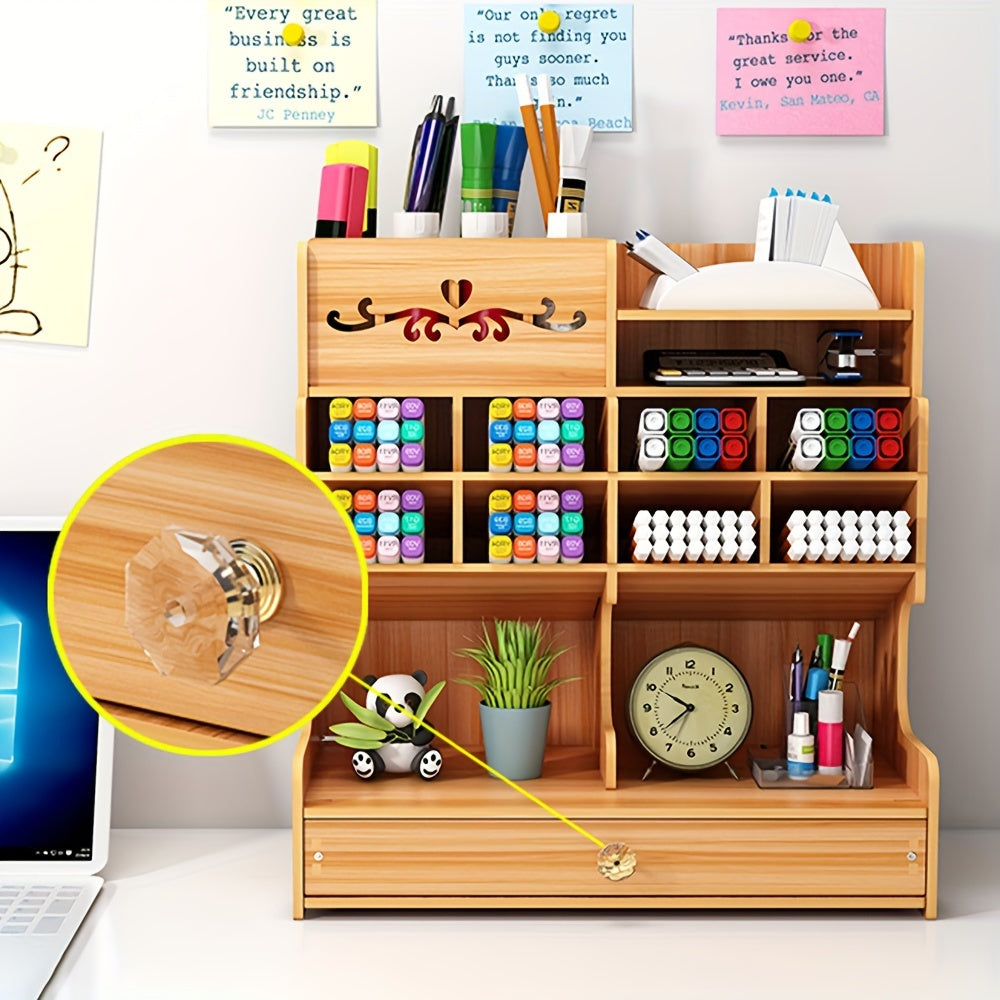 Wooden Pen and Pencil Holder – Office Desk Organizer with Drawer