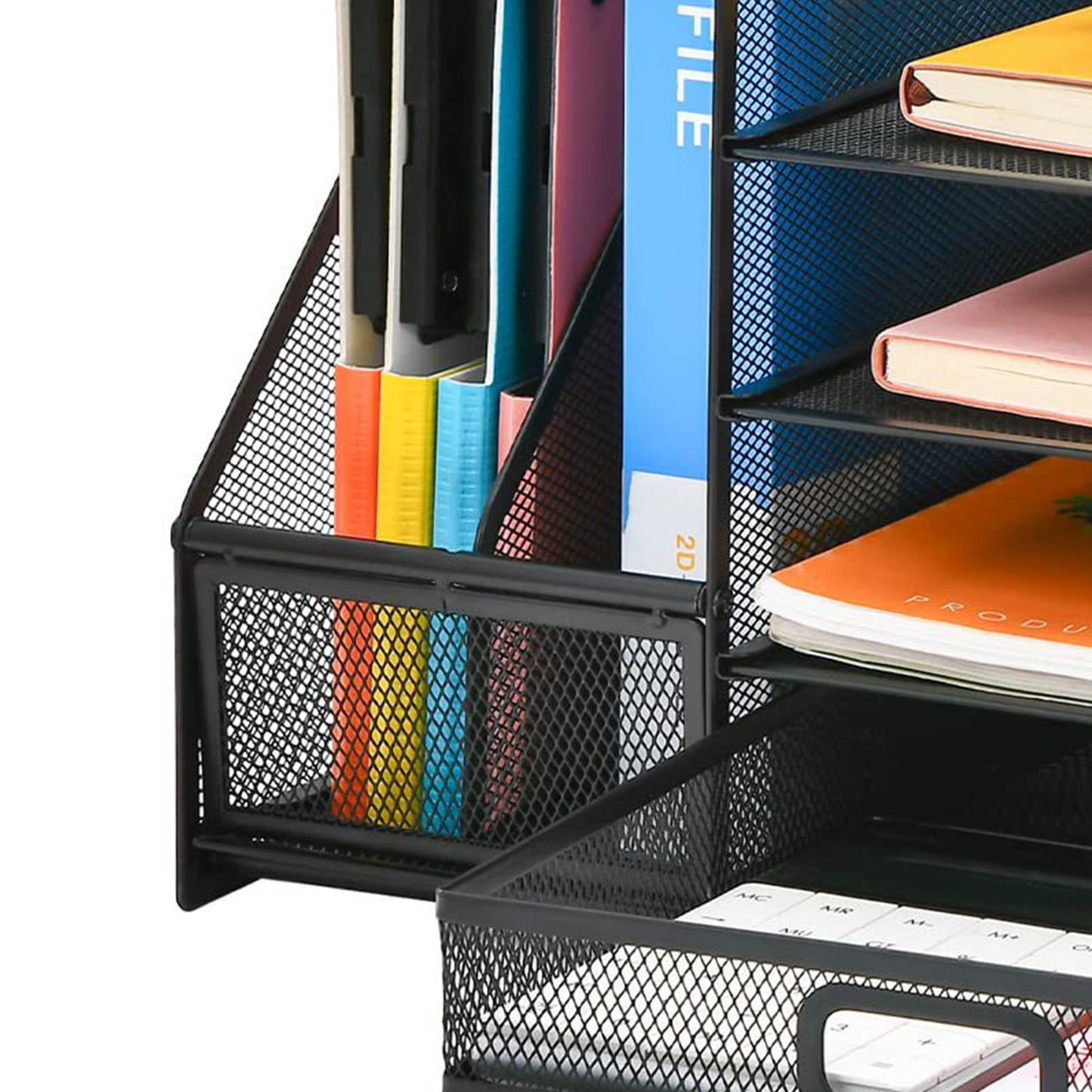 5-Tier Desk Organizer with Drawer & Pen Holders – Metal Mesh File Holder, Paper Letter Tray & Magazine Rack for Office Supplies