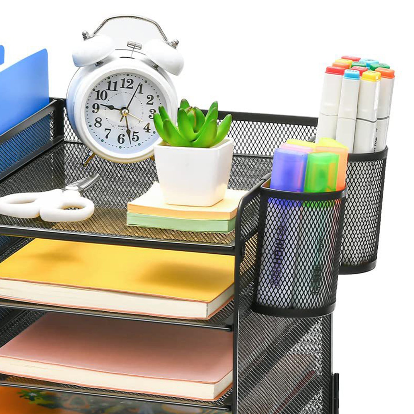 5-Tier Desk Organizer with Drawer & Pen Holders – Metal Mesh File Holder, Paper Letter Tray & Magazine Rack for Office Supplies