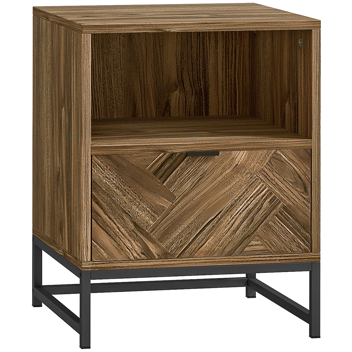 Bedside Table with Drawer and Shelf, Side End Table with Steel Legs for Living Room, Bedroom, Brown Wood Effect