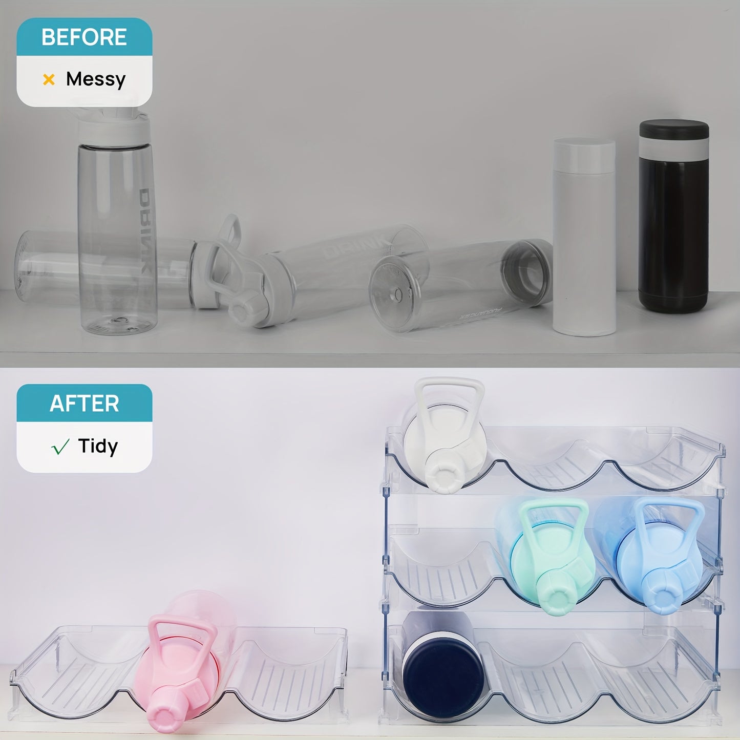 2/3/4-Piece Stackable Water Bottle Organizer – Plastic Fridge and Pantry Storage Rack for Bottles, Wine, and Travel Mugs