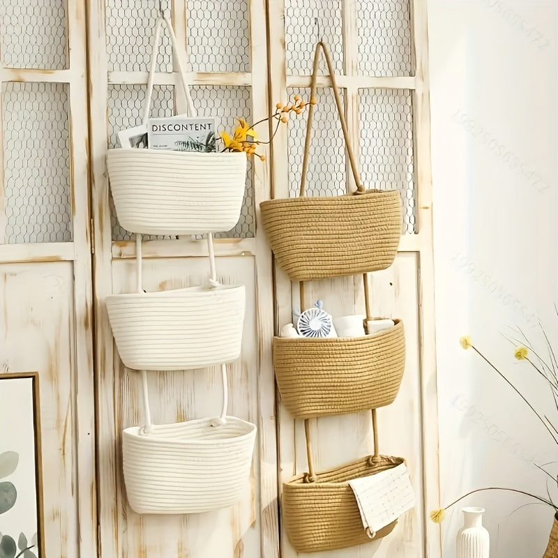 1pc 2/3-Tier Rope Woven Hanging Basket – Detachable Decorative Organizer for Living Room, Bathroom & Bedroom