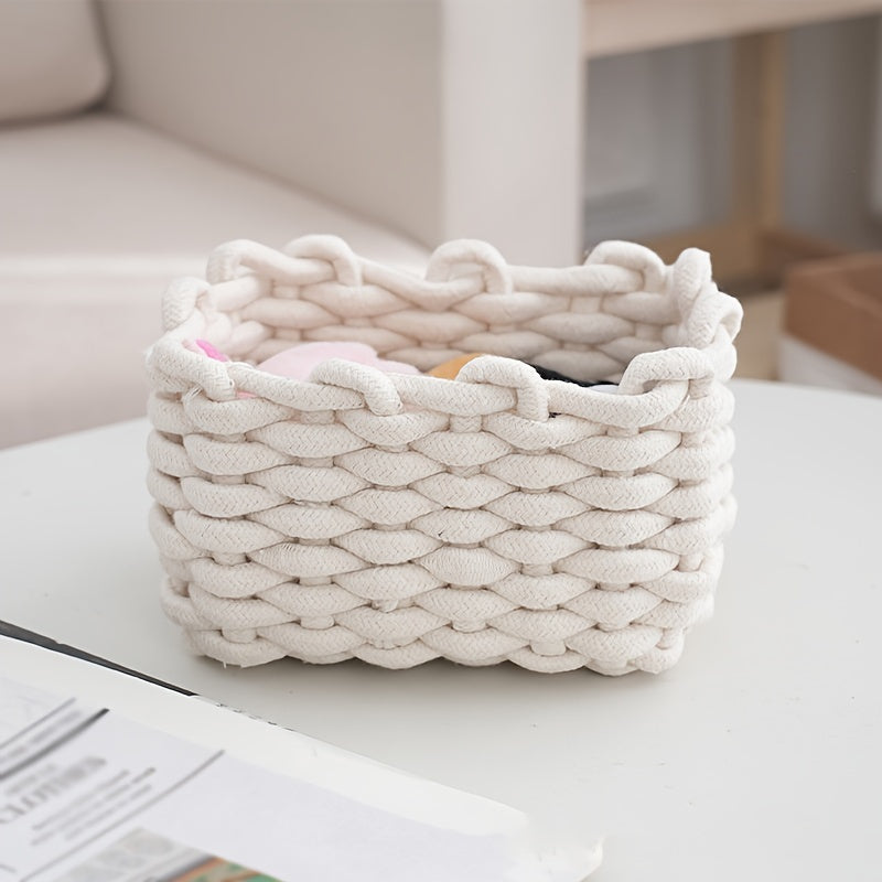 Woven Cosmetic Storage Basket – Portable Cotton Rope Organizer for Makeup, Desktop, and Home