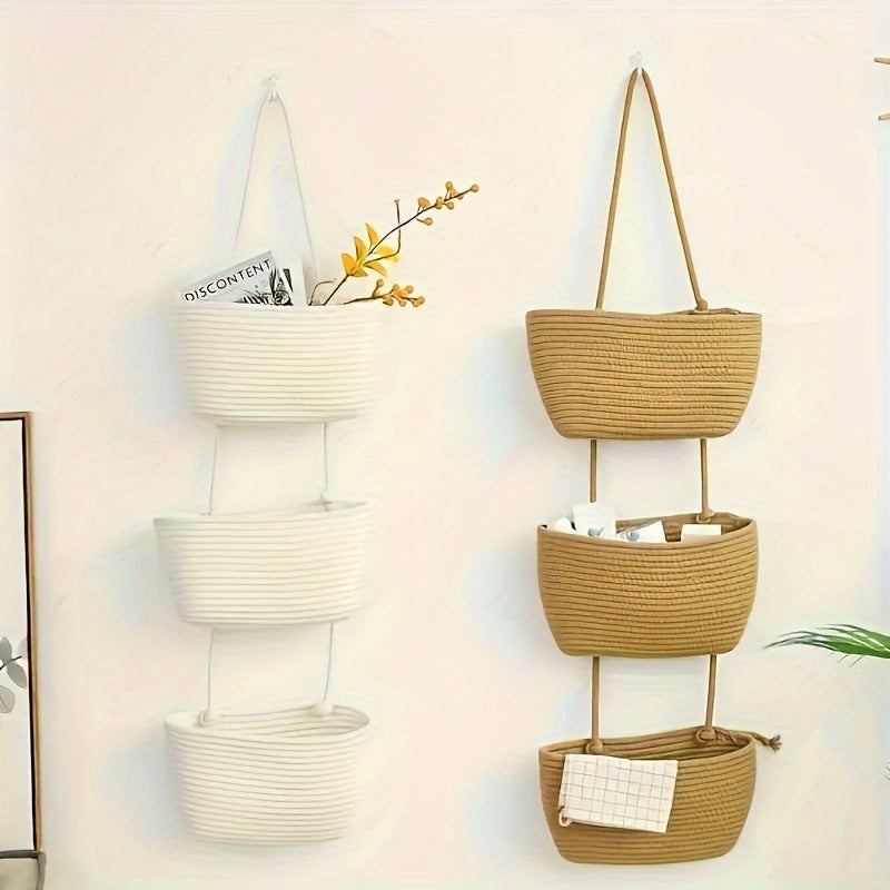 1pc 2/3-Tier Rope Woven Hanging Basket – Detachable Decorative Organizer for Living Room, Bathroom & Bedroom