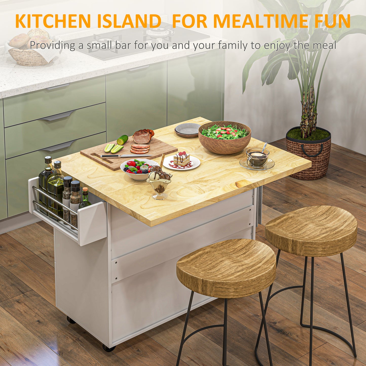 Kitchen Island Cart with Drop-Leaf Countertop – Mobile Storage Cabinet with Drawers, Spice Rack & Towel Holder