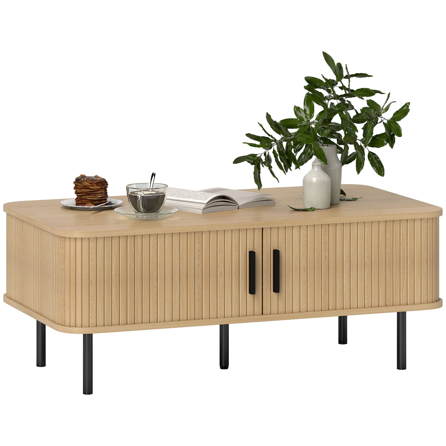 Coffee Table with Slatted Tambour Sliding Doors and Foot Pads, Oak