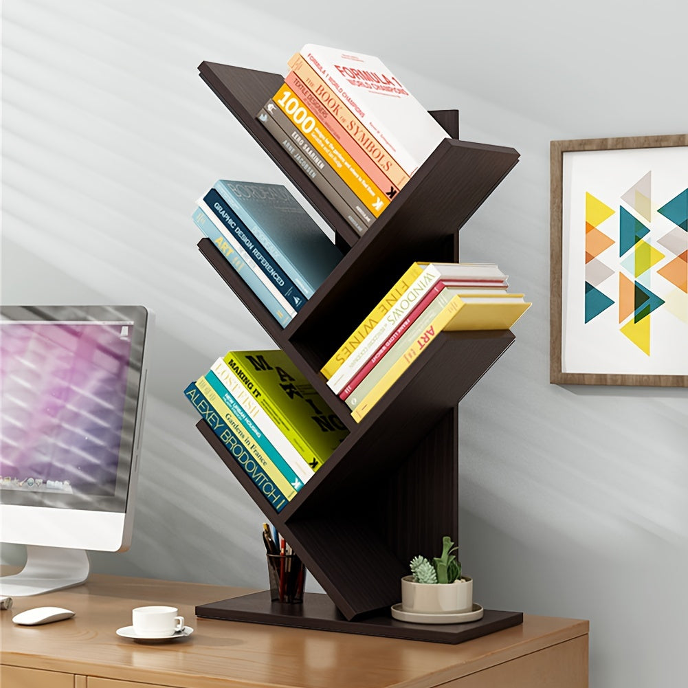 Desktop Wooden Multi-Layer Tree Bookshelf – Vertical Desk Organizer and Space-Saving Display Shelf