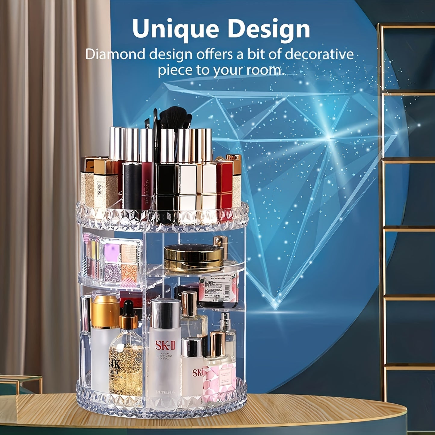 360° Rotating Cosmetic Display Case – Adjustable Makeup Organizer for Vanity & Bathroom