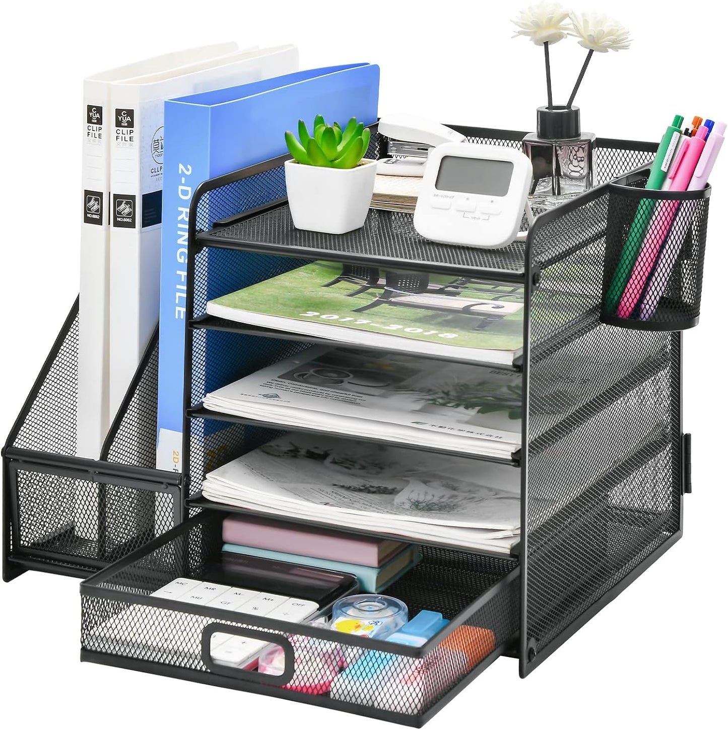 5-Tier Desk Organizer with Drawer & Pen Holders – Metal Mesh File Holder, Paper Letter Tray & Magazine Rack for Office Supplies