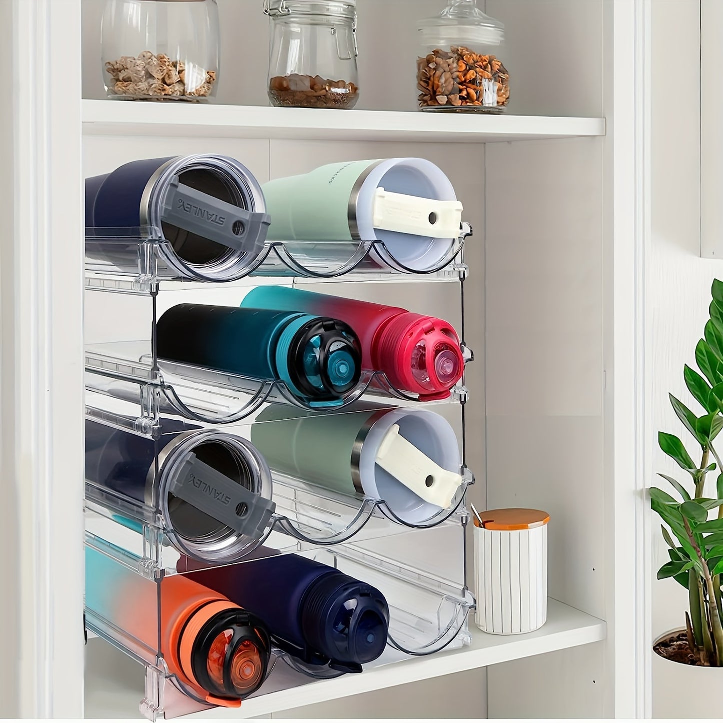 2/3/4-Piece Stackable Water Bottle Organizer – Plastic Fridge and Pantry Storage Rack for Bottles, Wine, and Travel Mugs