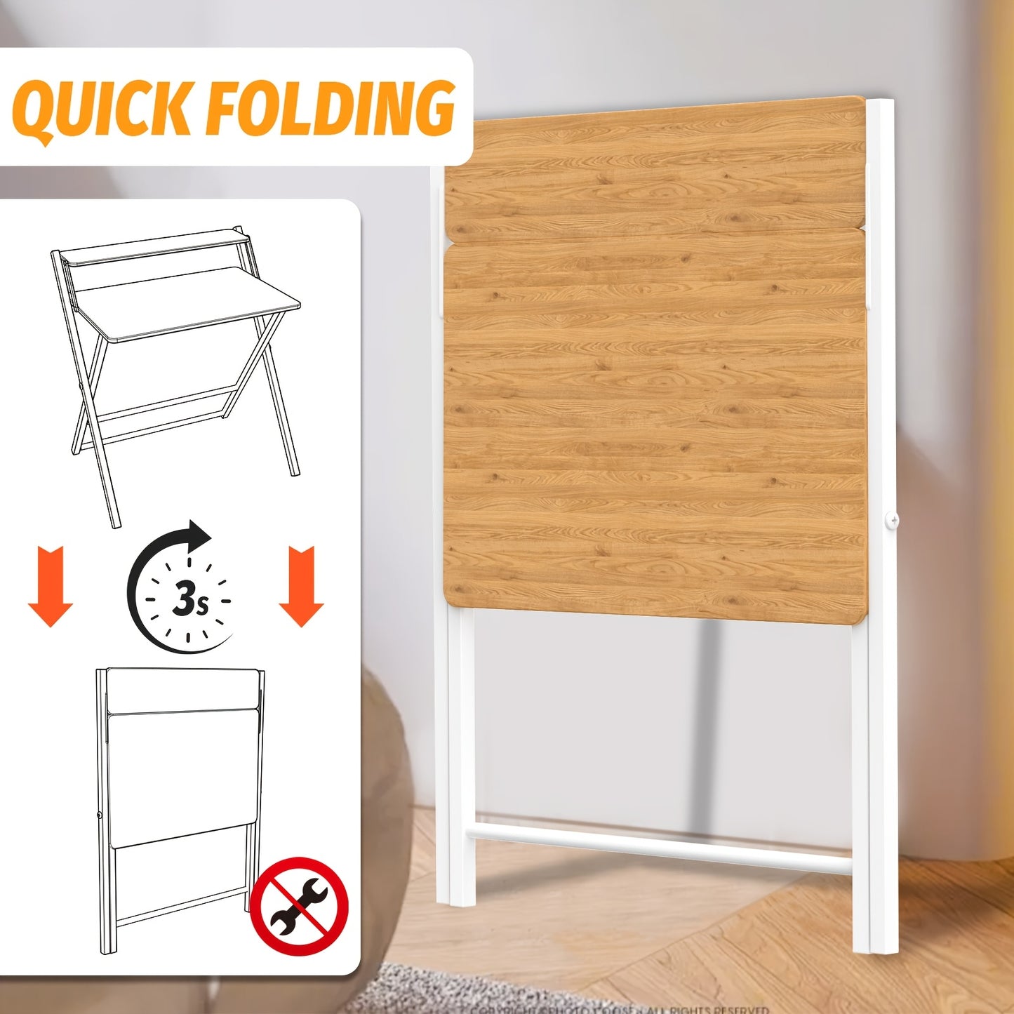 Space-Saving 2-Tier Folding Desk with Shelf – Portable Laptop & Study Table, Modern Wood Finish, No Assembly