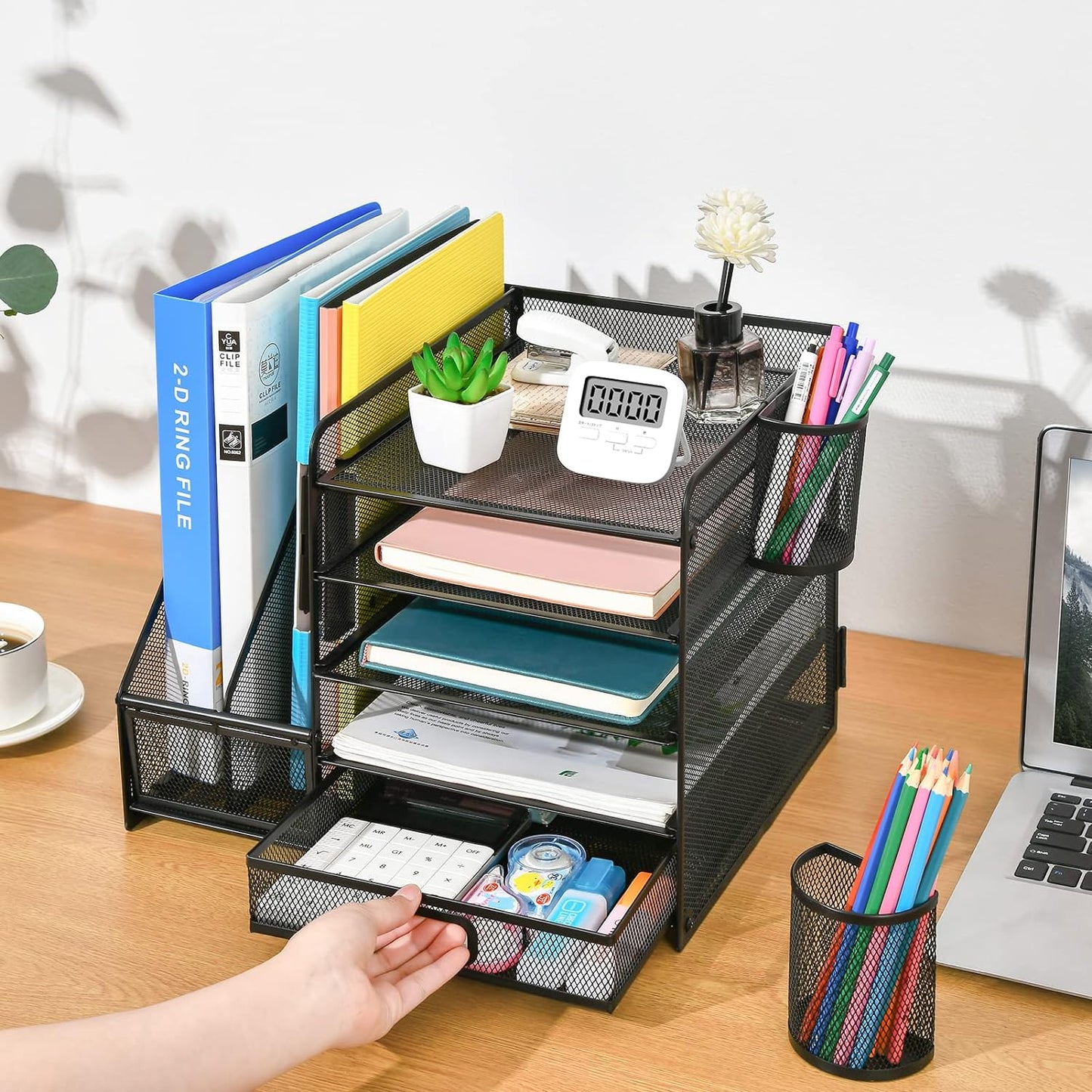 5-Tier Desk Organizer with Drawer & Pen Holders – Metal Mesh File Holder, Paper Letter Tray & Magazine Rack for Office Supplies