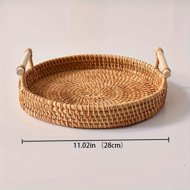 Handmade Rattan Tray – Round Woven Storage Basket with Handles for Tea, Fruit & Decor