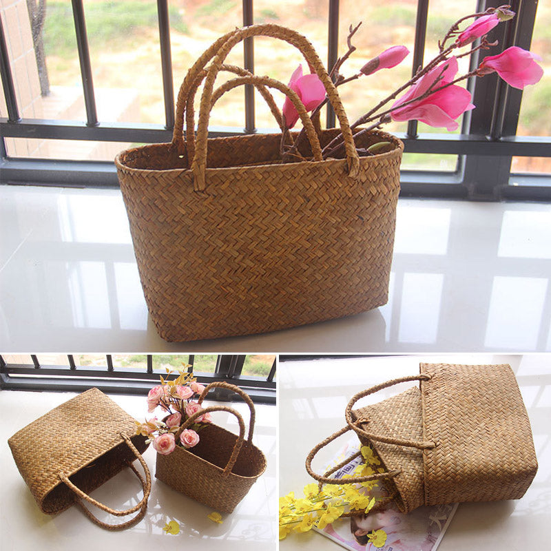Seaweed Woven Basket Bag – Summer Beach Tote, Handcrafted Flower & Succulent Storage, Women’s Handbag, Boho Summer Bag