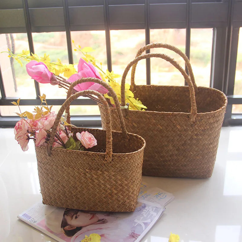 Seaweed Woven Basket Bag – Summer Beach Tote, Handcrafted Flower & Succulent Storage, Women’s Handbag, Boho Summer Bag