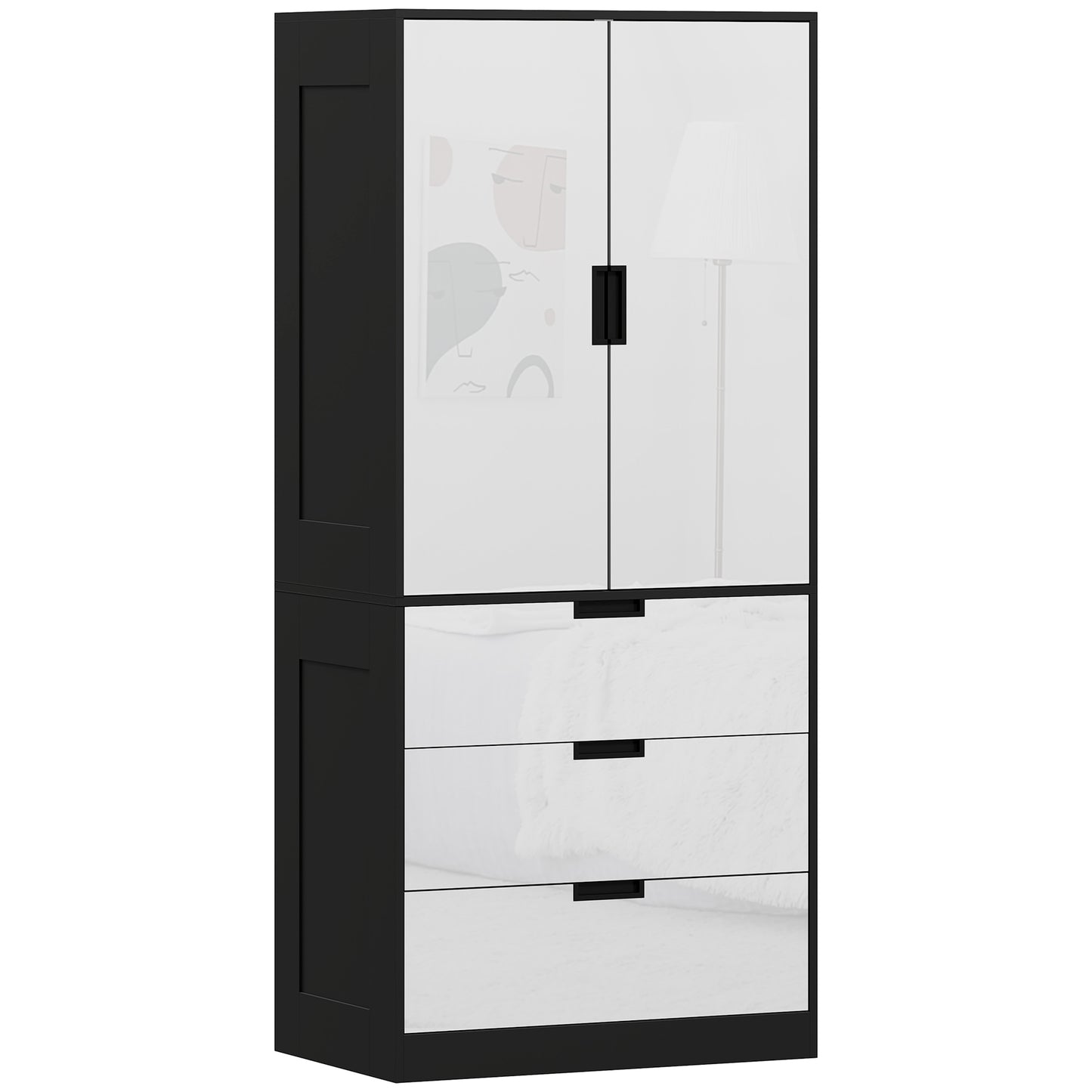 2 Door Wardrobe,  with 3 Drawers and Hanging Rod , High Gloss White
