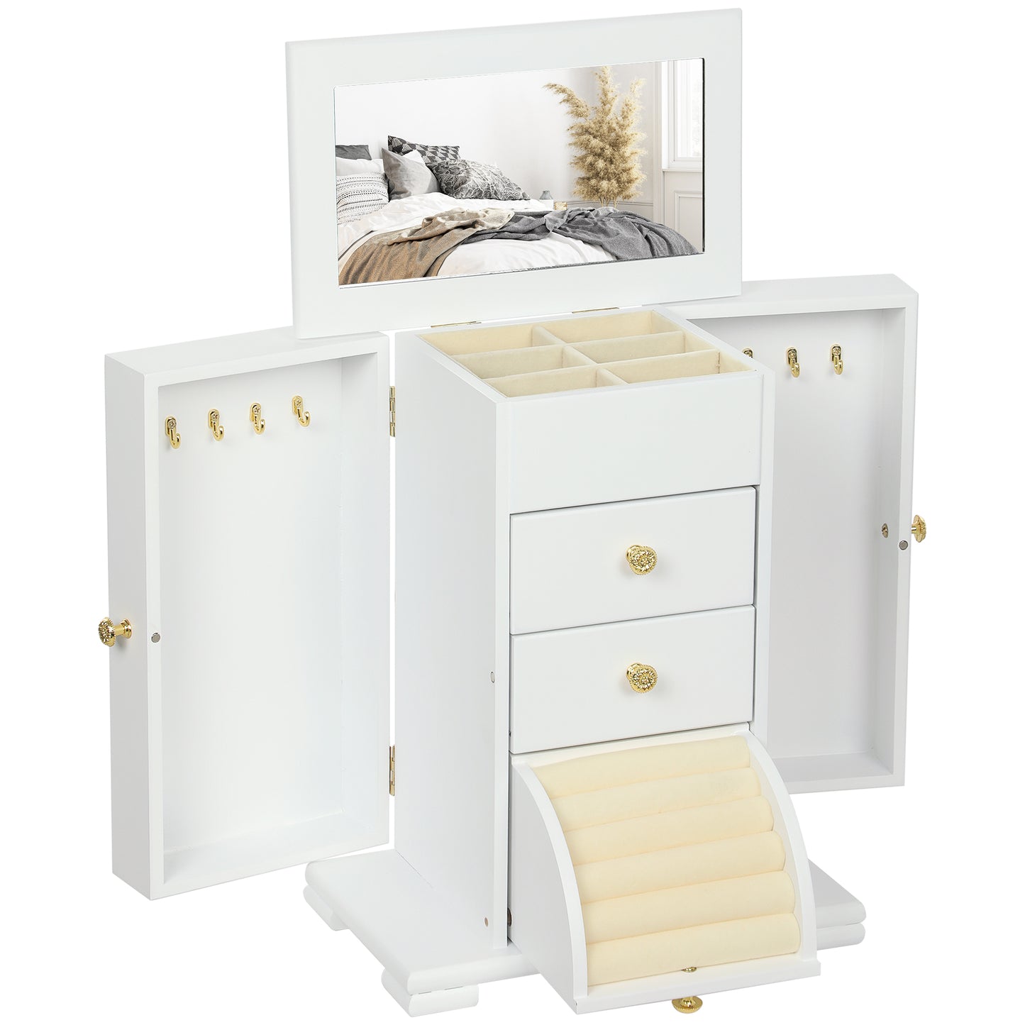 4-Tier Jewellery Box with Mirror and 2 Drawers- White