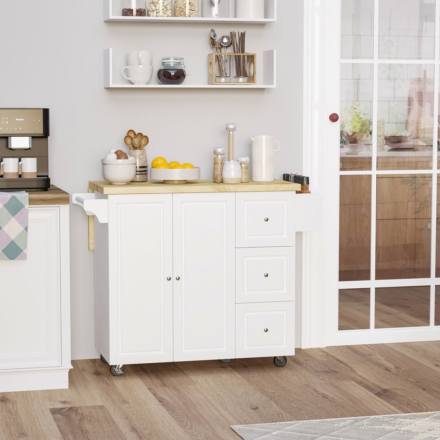 Kitchen Island Cart with Drop-Leaf Countertop – Mobile Storage Cabinet with Drawers, Spice Rack & Towel Holder