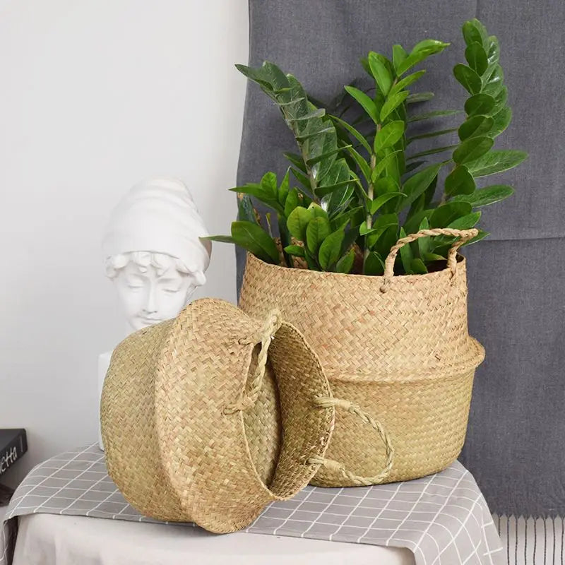 Wicker Storage & Hanging Baskets – Foldable Seagrass Laundry Baskets, Flower Pots & Garden Storage for Home Decor