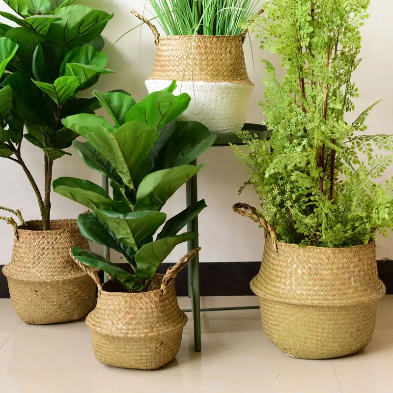 Wicker Storage & Hanging Baskets – Foldable Seagrass Laundry Baskets, Flower Pots & Garden Storage for Home Decor
