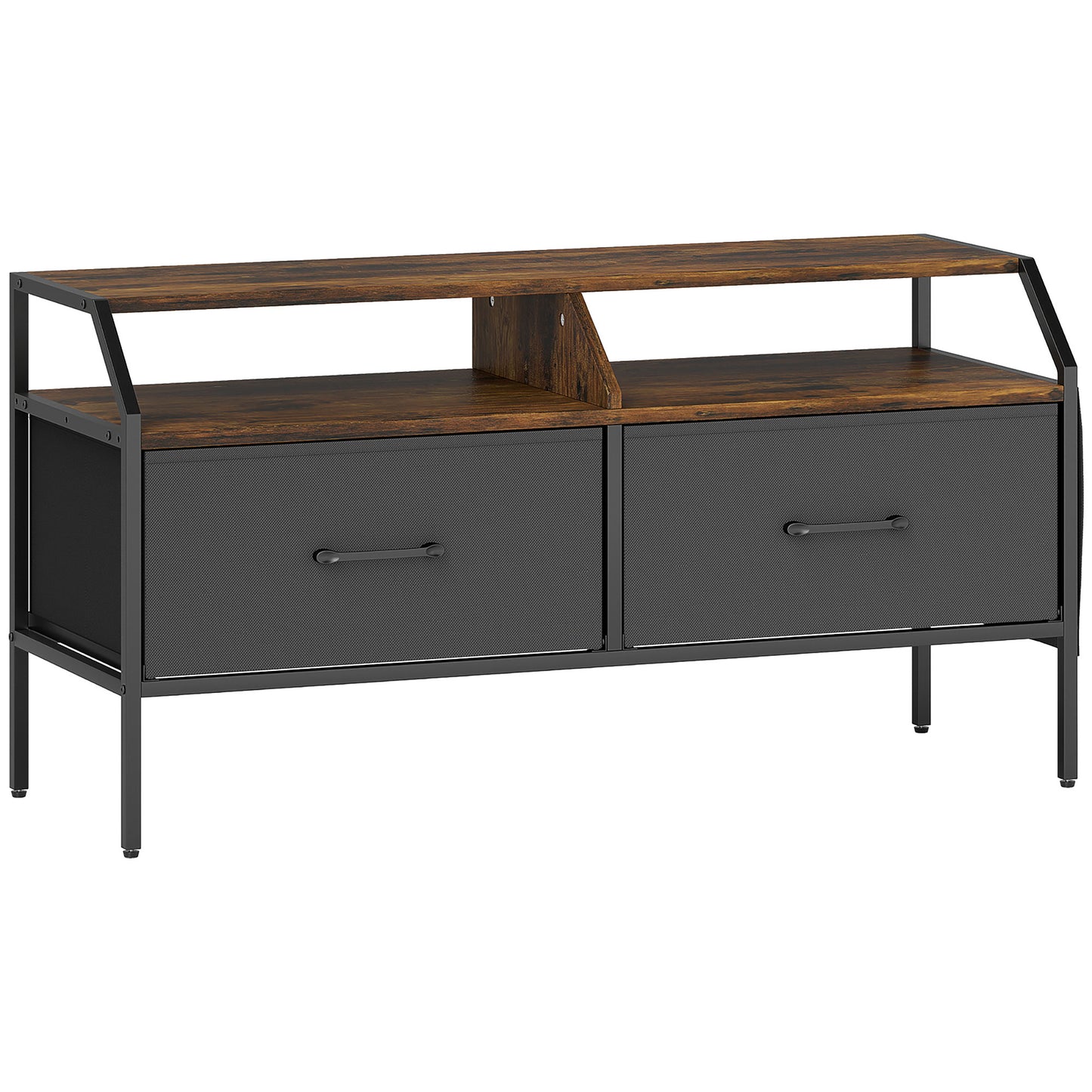 TV Stand Cabinet, TV Unit for 55-inch TVs with 2 Foldable Fabric Drawers, 5 Divided Side Pockets, Open Shelves, Console Table for Living Room, Bedroom, Entertainment Room, Rustic Brown