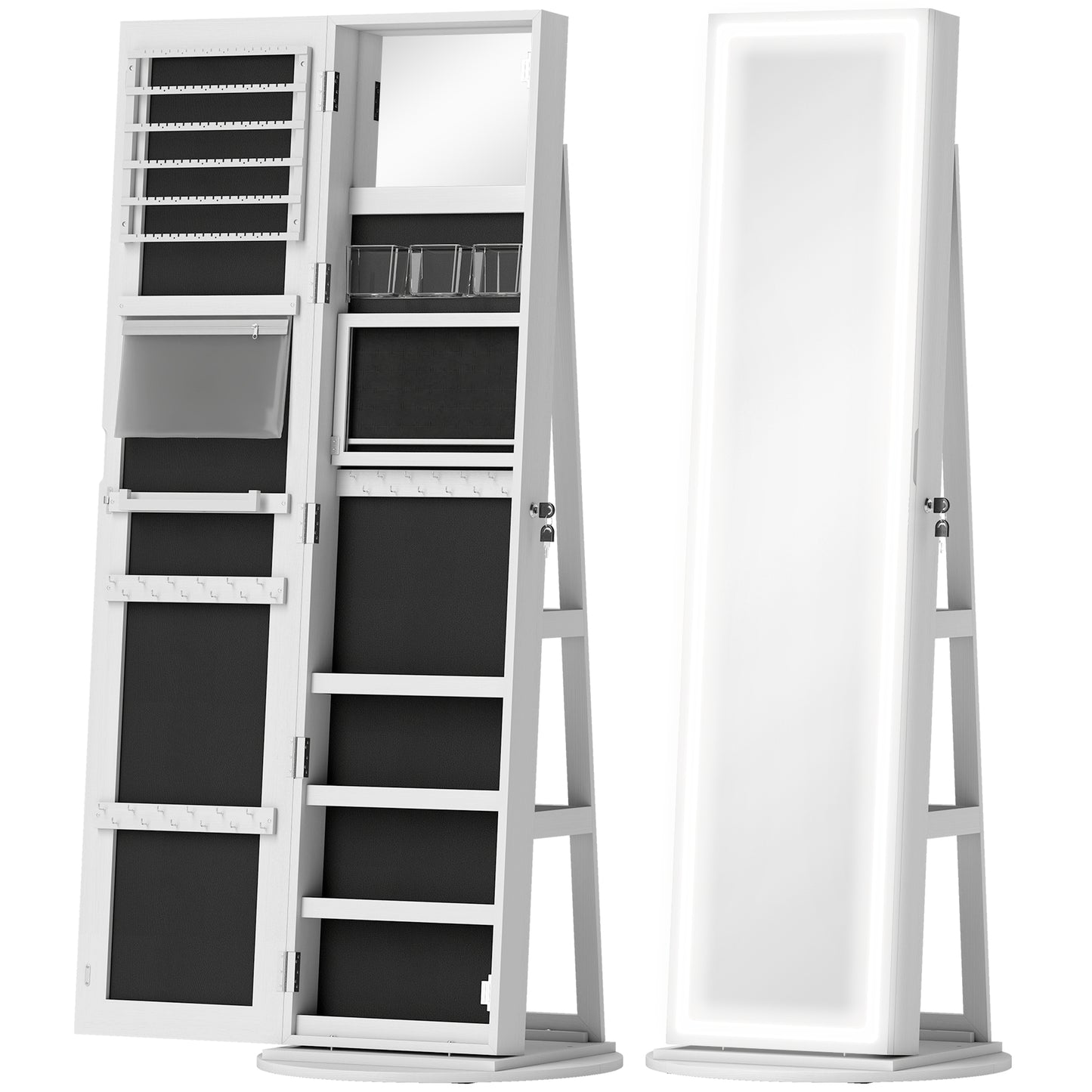 360° Swivel Free Standing Full Length Mirror with lockable Storage Cabinet with 3 Colour LED Lights, white