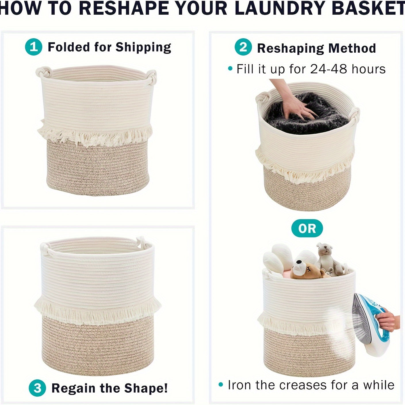 3pcs Jute Laundry Basket Set – Woven Hamper for Dirty Clothes, Towels, and Blankets – Bathroom, Bedroom, and Living Room Storage