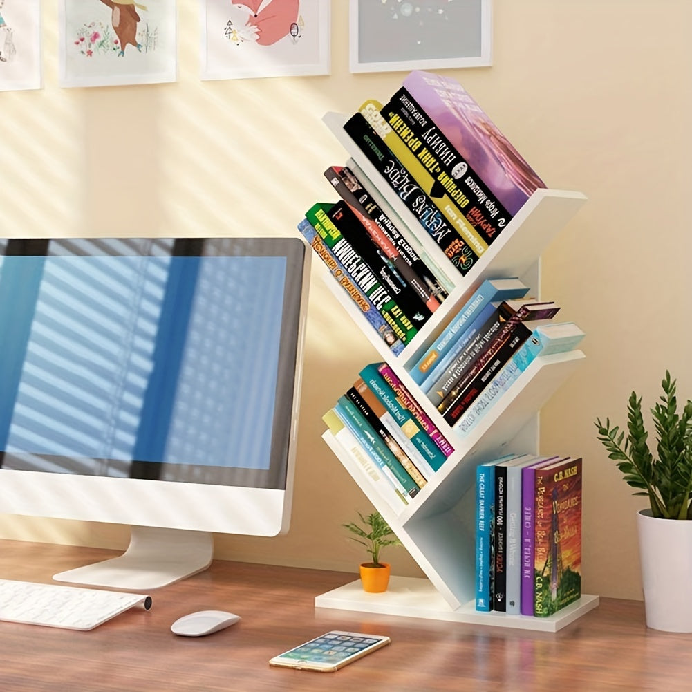 Desktop Wooden Multi-Layer Tree Bookshelf – Vertical Desk Organizer and Space-Saving Display Shelf