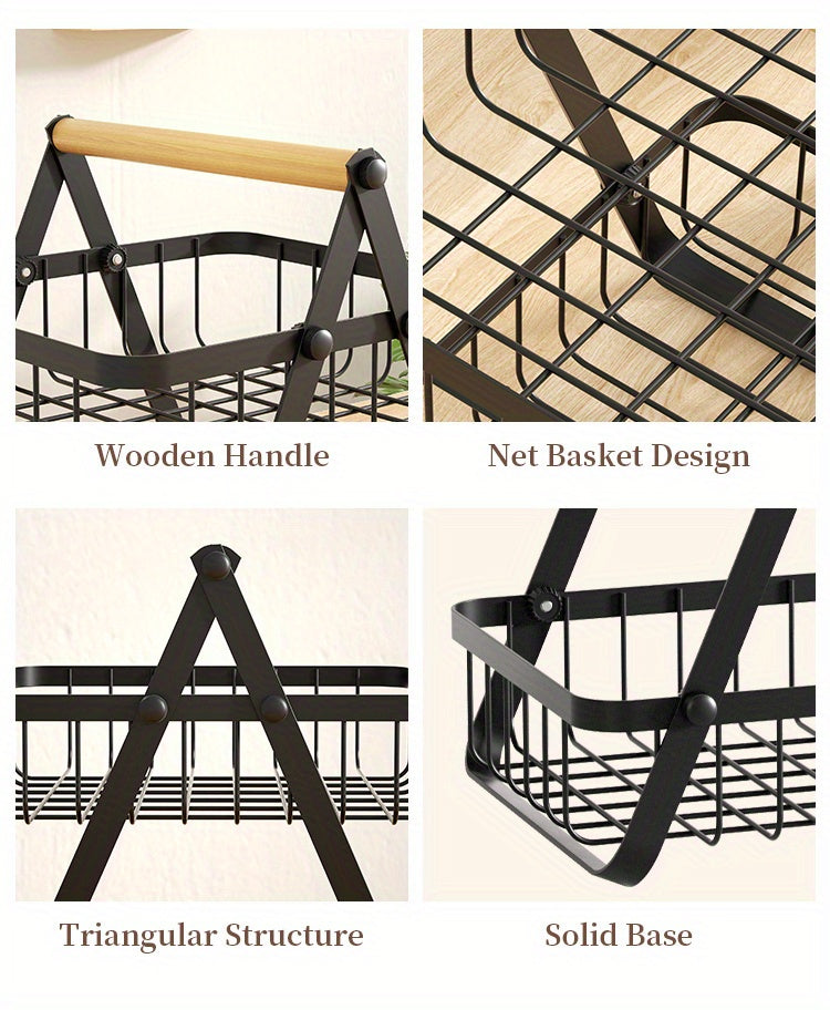 2/3 Tier Metal Wire Storage Basket – Countertop Organizer with Wooden Handle for Bathroom & Home