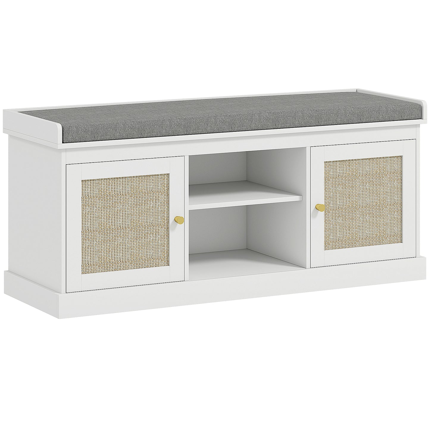 Boho Shoe Storage Bench with Padded Cushion and Rattan Doors- White