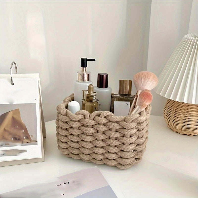 Woven Cosmetic Storage Basket – Portable Cotton Rope Organizer for Makeup, Desktop, and Home
