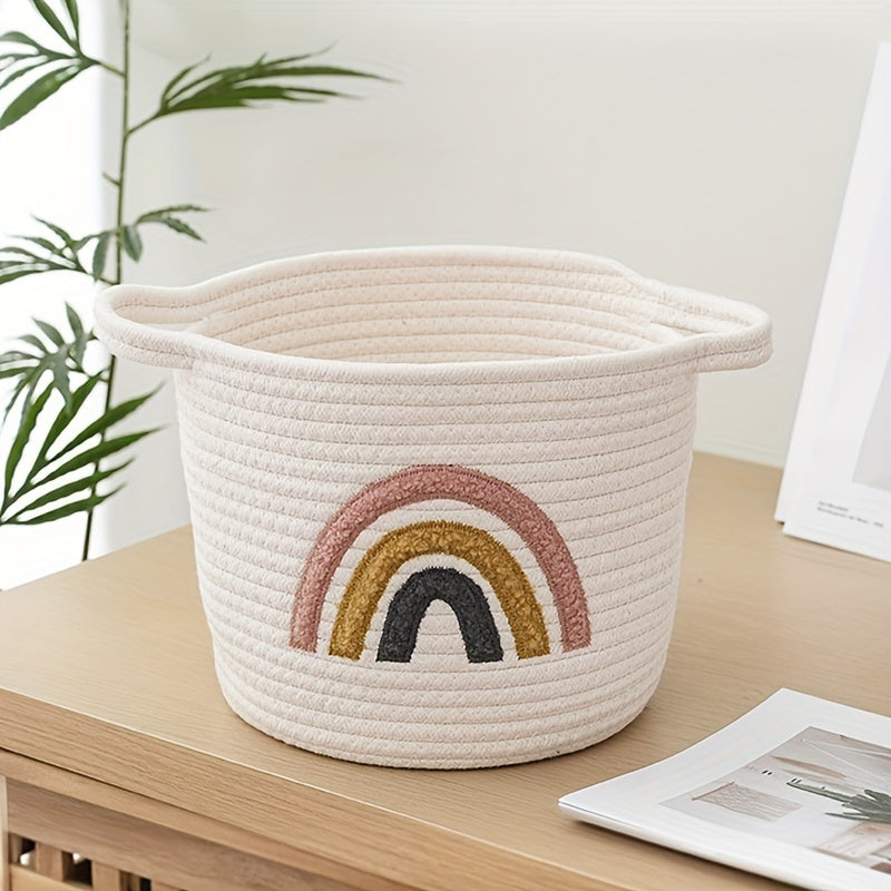 Rainbow Embroidered Storage Woven Basket – Stylish Organizer for Home & Kids Room