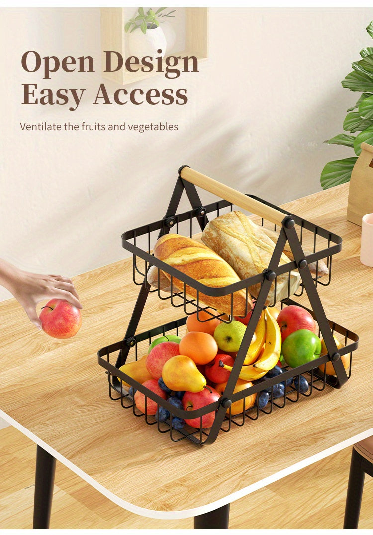 2/3 Tier Metal Wire Storage Basket – Countertop Organizer with Wooden Handle for Bathroom & Home