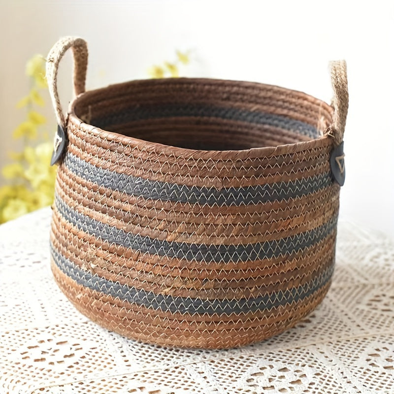 Bohemian Woven Banana Rope Storage Basket – Large Capacity Organizer Bin with Handles for Living Room & Balcony