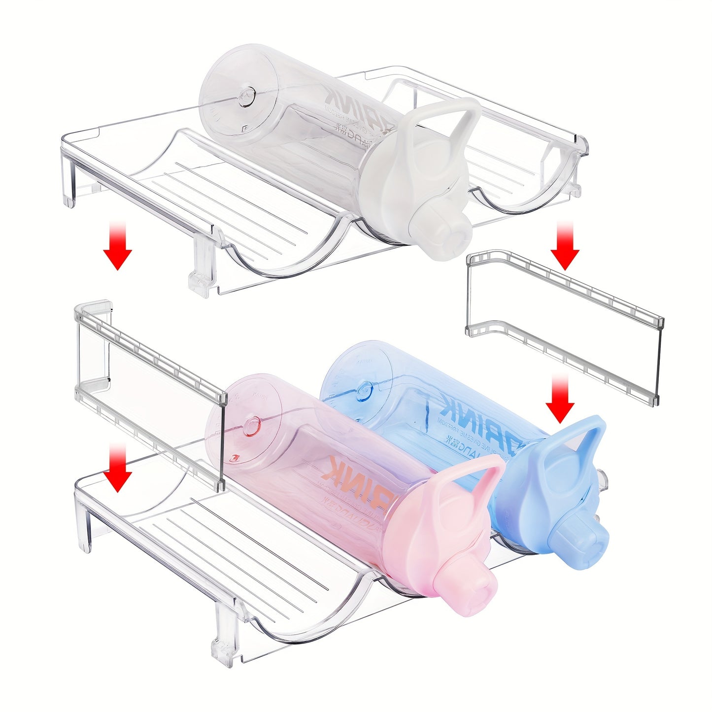 2/3/4-Piece Stackable Water Bottle Organizer – Plastic Fridge and Pantry Storage Rack for Bottles, Wine, and Travel Mugs