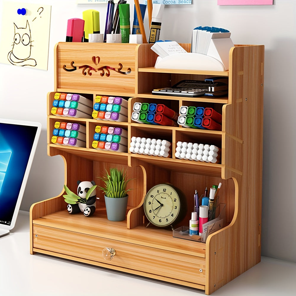 Wooden Pen and Pencil Holder – Office Desk Organizer with Drawer