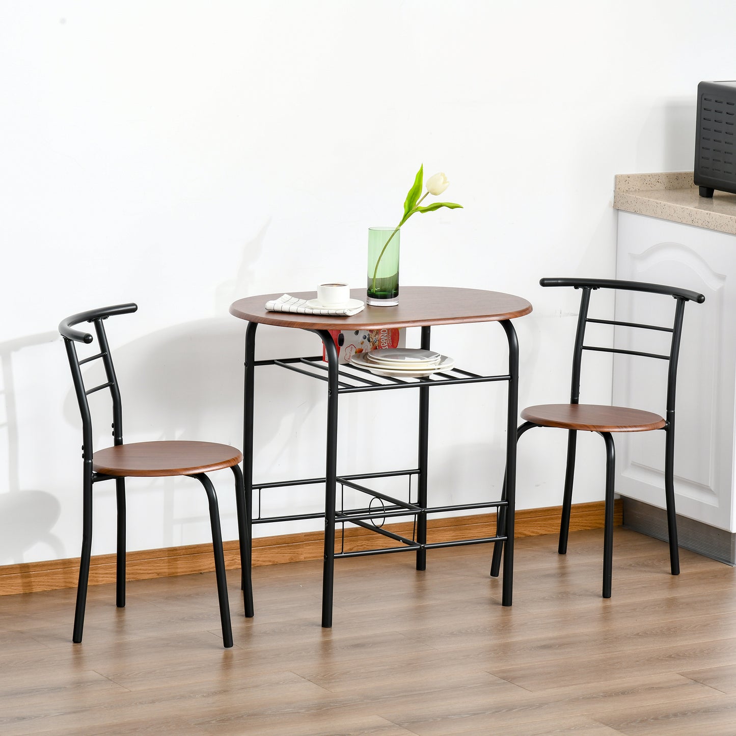 3-Piece Dining Table and Chair Set with Storage Shelf – Industrial Style, Oak & Black