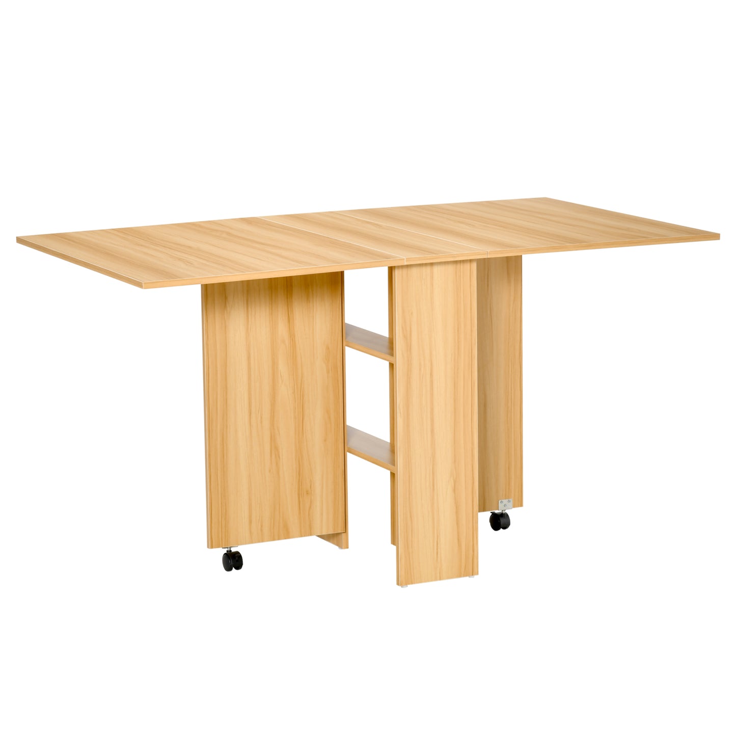 Folding Dining Table, Drop Leaf Table for Small Spaces, Foldable Rectangular Tabletop with Storage Shelves for Kitchen, Dining Room, Teak